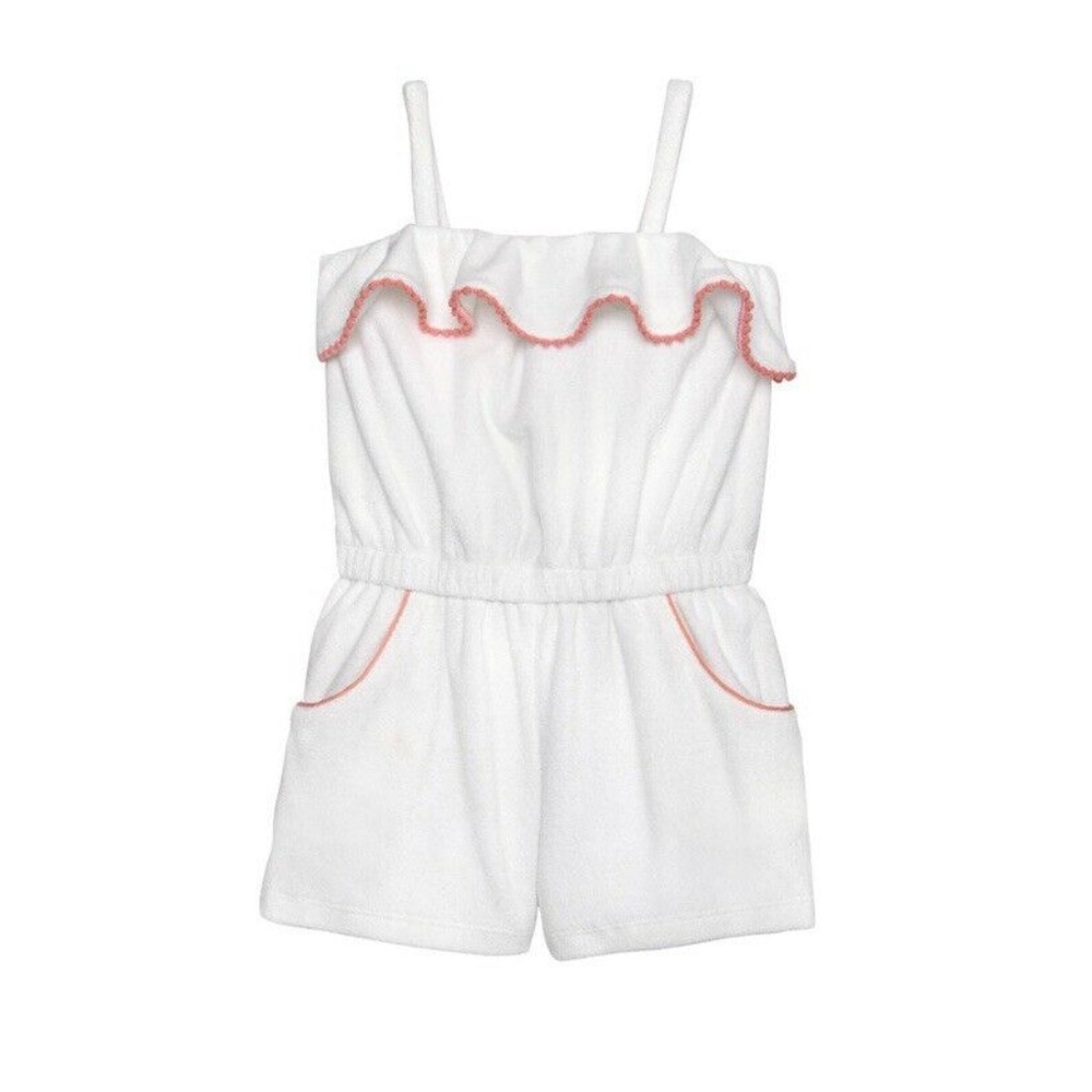Janie & Jack: White Terry Romper w/ Coral Pom-Pom